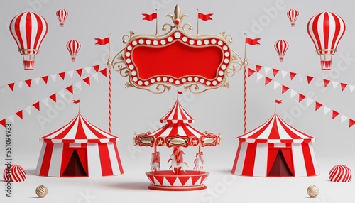 3d Carnival podium with many rides and shops circus tent 3d illustration 