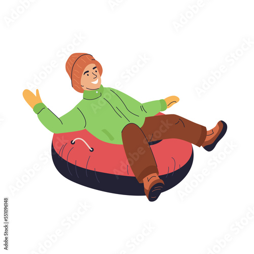 Happy little boy on snow tubing sliding down hill slope on winter holidays. Happy wintertime activity, fun. Flat vector illustration in cartoon style.