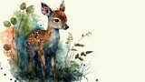 Watercolor illustration of a cute deer, surrounded by green grass and flowers, with a copy space