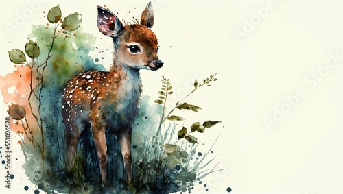 Watercolor illustration of a cute deer, surrounded by green grass and flowers, with a copy space photo