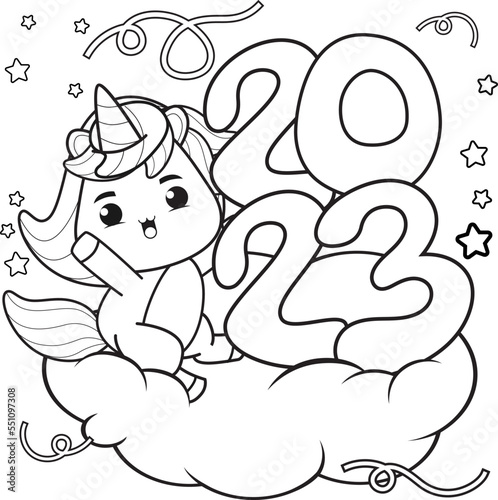 Happy new year coloring book with cute unicorn