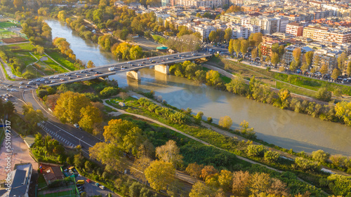 Canvas Print Aerial view over the Tiber River near Marconi district in Rome, Italy