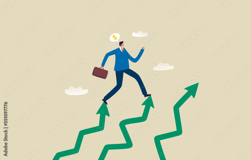 Investment growth or wealth. Successful businessman walking forward on growth. Illustration