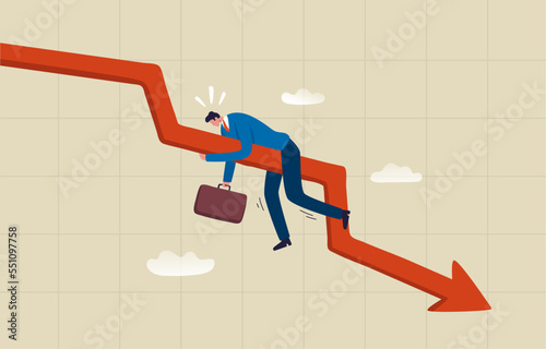 Business loss or fail. stock market crash. business bankruptcy. Businessman investor decline red arrow graph.