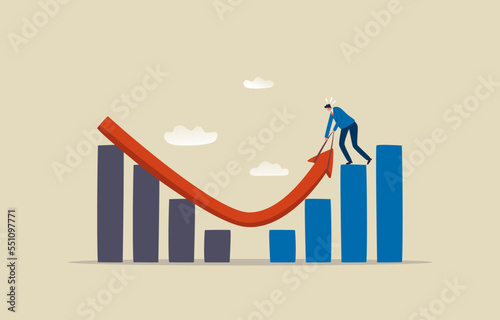 Stock market crash and escape. Stocks market index to change direction. Investment growth. Businessman pulls up the red arrow graph. illustration
