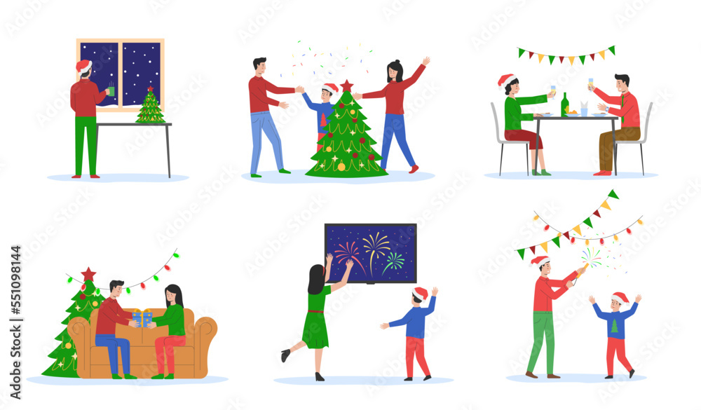 Fototapeta premium Merry Christmas and Happy New Year. Cheerful People Celebrate Christmas Holidays. Male And Female Characters Launch Fireworks, Have Office And Home Party. Outline Linear Flat Vector illustrations Set