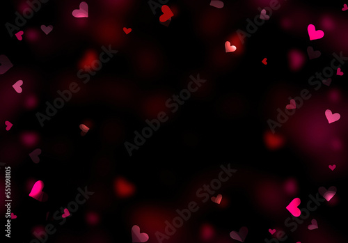 Glowing blurred hearts on dark background.Valentine's day backdrop. Romantic holiday texture.