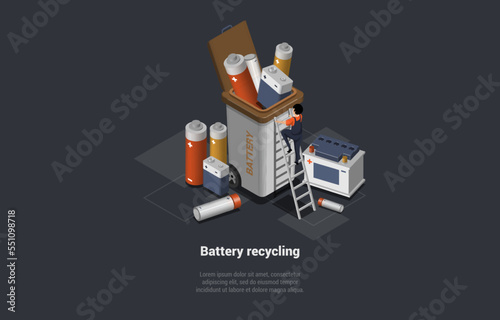 Zero Waste, Reuse, Eco-Friendly, Segregation And Recycling Garbage. Character Collecting And Throwing Used Batteries Into Container. Utilization Of Used Batteries. Isometric 3d Vector Illustration