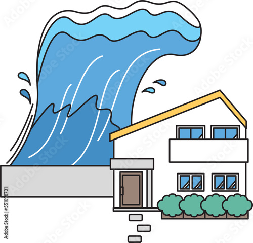 地震による津波と襲われる住宅