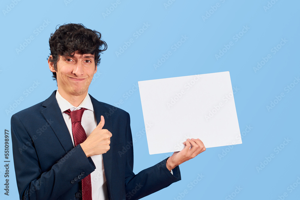 Businessman with dialogue bubble or dialogue balloon in blue flat lay. Businessman with dialogue bubble or dialogue balloon in blue flat lay.