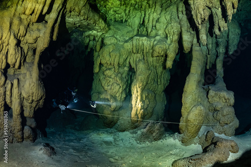 cave diver instructor leading a group of divers in a mexican cenote underwater © Subphoto