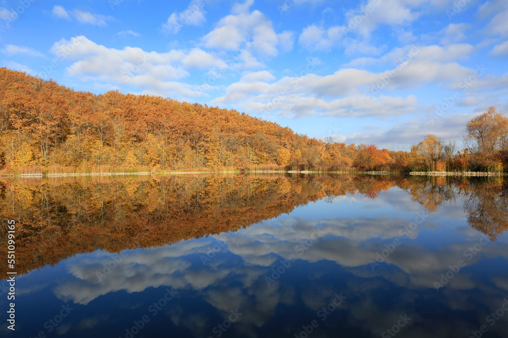 Gold autumn. Beautiful mirror reflection in the water of a forest lake trees and clouds