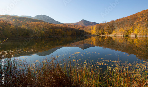 Gold autumn. Beautiful reflection in the water of a forest lake in the mountains