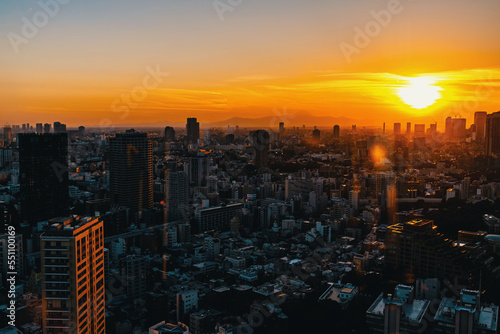 Aerial view of the skyline and cityscape at sunset in Minato  Tokyo  Japan