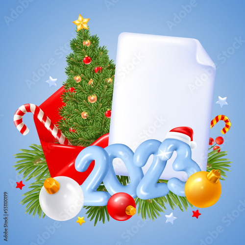 Red envelope for Merry Christmas and Happy New Year greeting letter. Christmas tree, balls, convex digits 2023 and tinsel make a festive composition. 3d realistic vector illustration