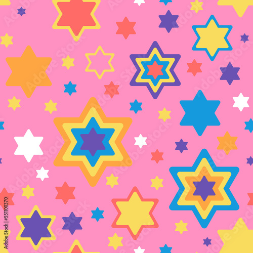 Star of David seamless pattern in bright colours on pink background. Vector illustration for Hanukkah holiday, wrapping paper, textile, fabric and packaging decoration