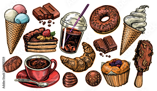 Sweet Dessert set. Food and Drink collection for restaurant or cafe menu. Color vector illustration photo