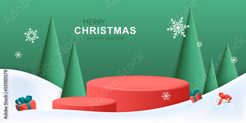 Basic 3d vector Merry Christmas and Happy New Year winter landscape banner template with podium stage cone shape pine trees gift box designRGB
