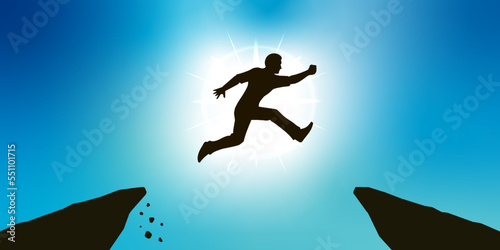 Silhouette of Glowing Man jumping across the Mountains. Vector Illustration.