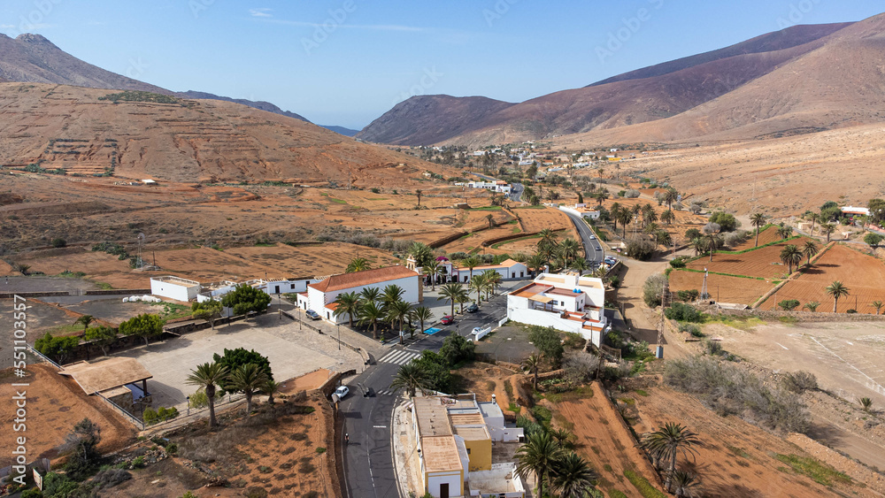 Aerial view of the Church of Our Lady of the Rock (Nuestra Señora de la Peña) in Vega de Rio Palmas, a small village in the mountains of Betancuria in the center of Fuerteventura in the Canary Islands