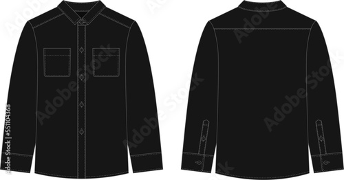 Blank shirt with pockets and buttons technical sketch. Black color. Unisex casual shirt mock up.