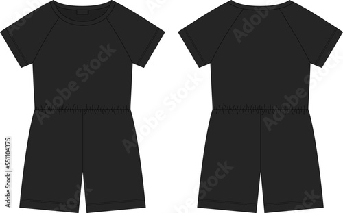 Cotton oversized raglan jumpsuit technical sketch. Black color. Women's romper design template.