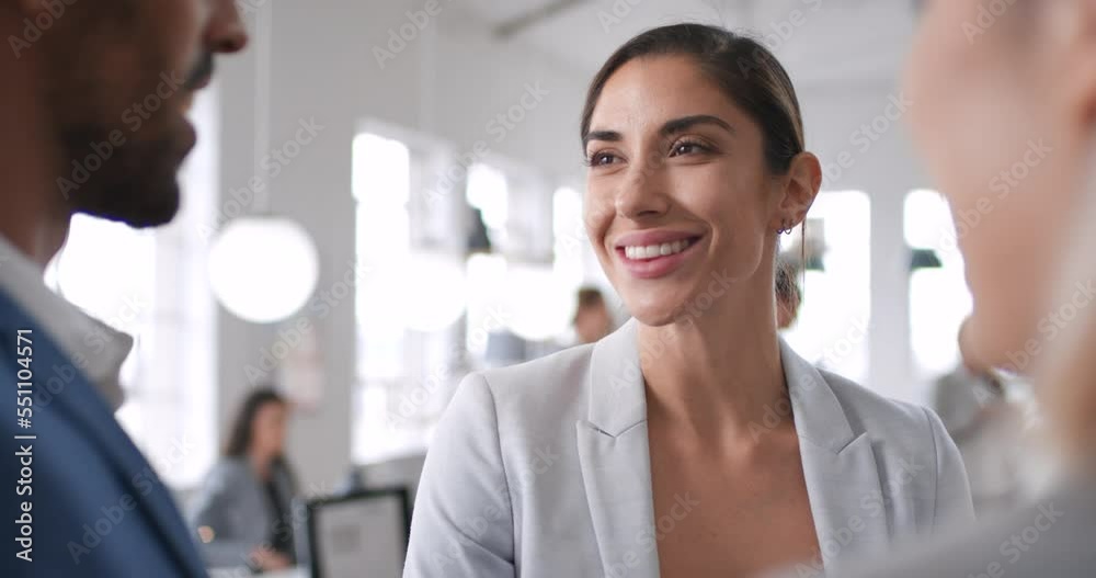 Business woman, client and office team meeting planning a marketing deal and strategy. Career conversation, working communication and workforce success of a employee with staff happy about diversity