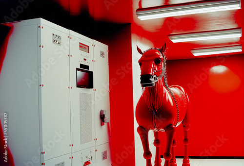 Evil looking aggressive red trojan horse entering white server room, cyber crime concept