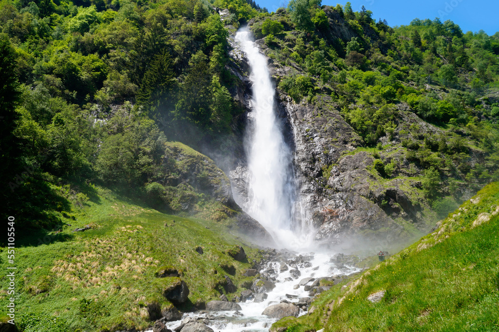 breathtaking Parcines waterfall in the lush green Italian Alps in Parcines (or Partschins) in the Rabla (or Rabland) region (Merano, Rabla or Rabland, South Tyrol, Italy)	