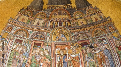 Beautiful Venetian historical landmark facade.  St Mark Basilica Catholic fresco, facade detail, building exterior, architecture art decoration.