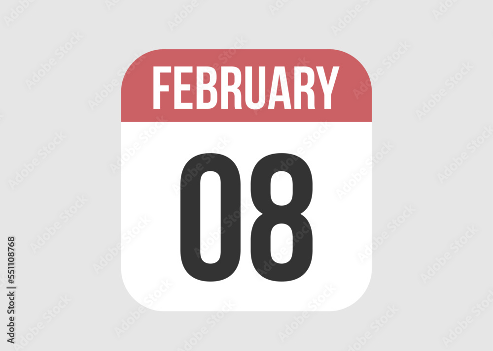 8 february icon isolated on background. February vector for day of week and month in red. 8 february icon isolated on background. February vector for day of week and month in red.