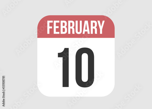10 february icon isolated on background. February vector for day of week and month in red.
