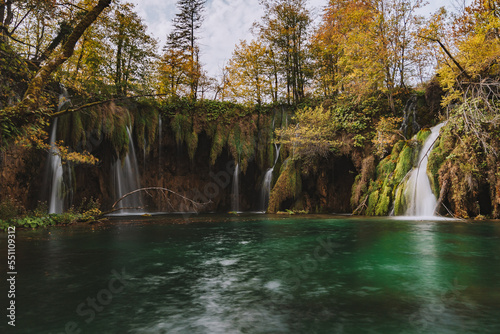 Waterfall at lake Plitvice in autumn 