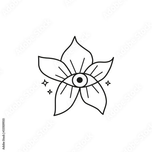 Doodle boho flower with seeing eye and stars.