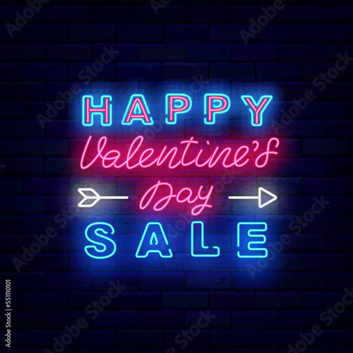 Happy Valentines Day Sale neon emblem. Luminous label with cupid arrow. Banner on brick wall. Vector stock illustration