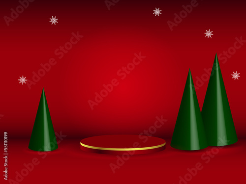 Abstract minimal stage layout. Geometric podium shape for displaying a cosmetic product. A stage pedestal or platform. Winter Christmas Red
