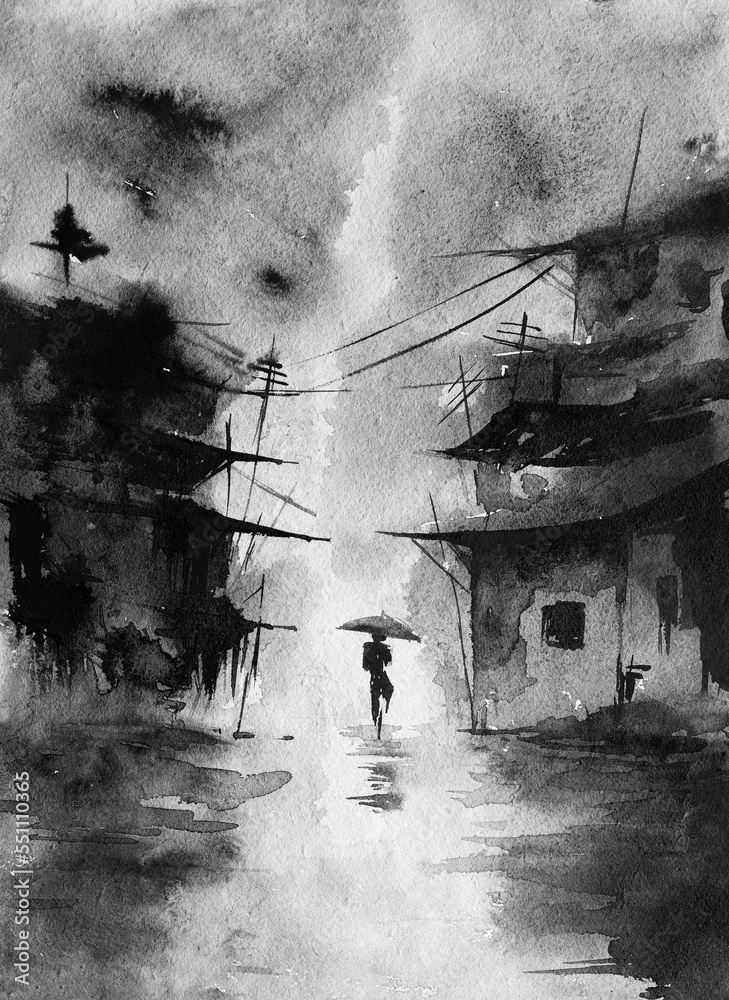 Fototapeta premium Cyclist passing through water loggged street with an umbrella in hand, beautiful monsoon handmade watercolor painting.