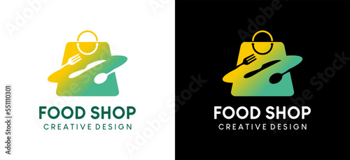 Food logo design, vector illustration of food shopping with shopping bag and cutlery mix