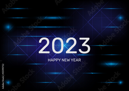Happy New Year 2023 on hitect, digital or technology abstract background. 2023 futuristic sci fi technology with shine light.