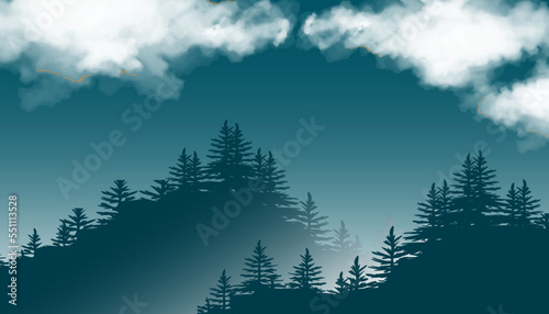 view of pine trees with sila sun rays and overcast clouds