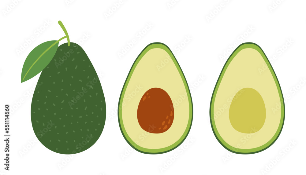 Avocado set. Whole avocado fruit and halves with core and pit. Hand-drawn colored flat vector illustration isolated on white background. Avocado set. Whole avocado fruit and halves with core and pit. Hand-drawn colored flat vector illustration isolated on white background.