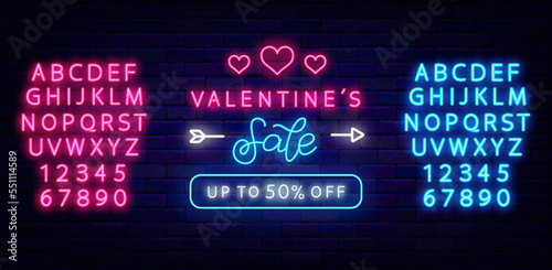 Valentines Sale neon signboard with alphabet. Discount sign for shop. Editable stroke. Vector stock illustration