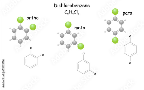 Stylized molecule model/structural formula of dichlorobenzenes.