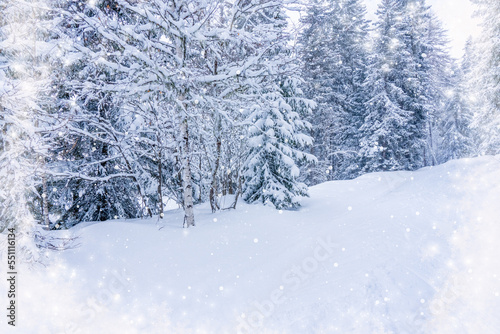 Christmas and New Year background with snowy fir trees and heavy snowfall. Magic holiday background, Christmas greetings concept. High quality photo © Elena