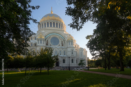 The Naval cathedral of Saint Nicholas in Kronstadt (Morskoy Nikolskiy Sobor) and the Anchor (Yakornaya) Square on a sunny summer morning, Kronstadt, St. Petersburg, Russia photo