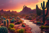 A Steam Running through a Beautiful Southwest Desert at Sunset. Landscape. [Digital Art Painting, Sci-Fi / Fantasy / Horror Background, Graphic Novel, Postcard, or Product Image]