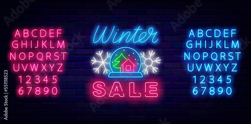 Winter sale neon signboard. Glowing pink and blue alphabet. Snow globe sign with snowflakes. Vector illustration