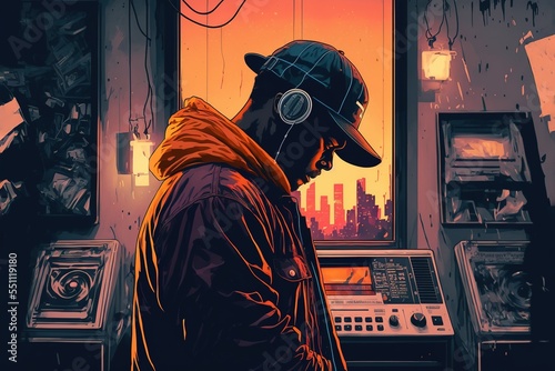 A boy in a cap and headphones listening to music, lo-fi Hip Hop music background, generative ai