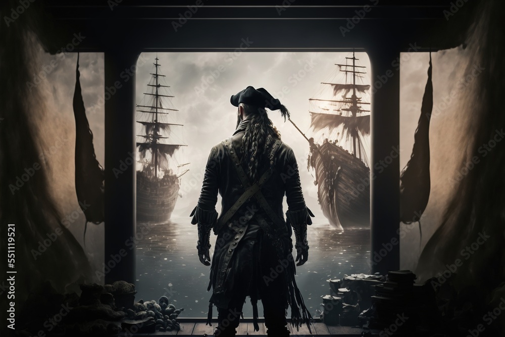 Fototapeta premium A pirate standing on a ship facing the sea and two pirate ships, backview