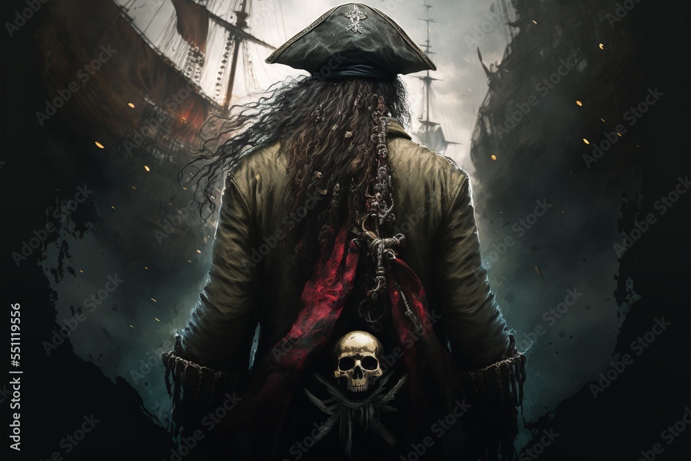Fototapeta premium A pirate standing in front of two pirate ships, epic